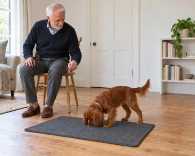 The puppy standing with all four feet on the mat while the man leans forward and places food on the mat between its front feet.