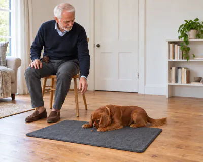 The puppy lying on the mat with its head lowered to a piece of food the man has just placed between its front paws.