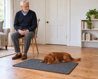 The puppy lying relaxed on the mat with one hip rolled to the side and its chin low, while the man sits back in the chair with his hands in his lap.