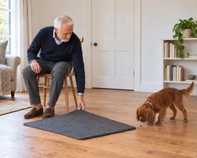 The puppy stepping off the mat towards a piece of food on the floorboards while the man reaches down to the mat.