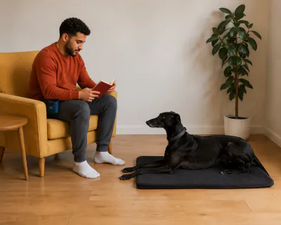 Dog lying settled on a mat while its handler sits nearby