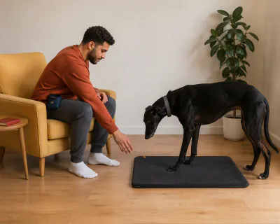 A black Greyhound stepping onto a grey mat with its front paws as a seated man drops a piece of food onto the mat in front of it.