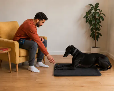 The Greyhound lying upright on the mat with its head raised while the man leans from the armchair to drop food between its front paws.