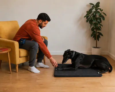 The Greyhound rolled onto one hip with its chin lowering towards the mat as the man drops a piece of food between its paws.