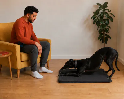The Greyhound standing on the mat and folding its front legs to lie down while the man sits still in the armchair with his hands on his knees.