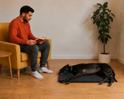 The Greyhound lying flat on its side on the mat with its eyes closed while the man sits back in the armchair reading a book.