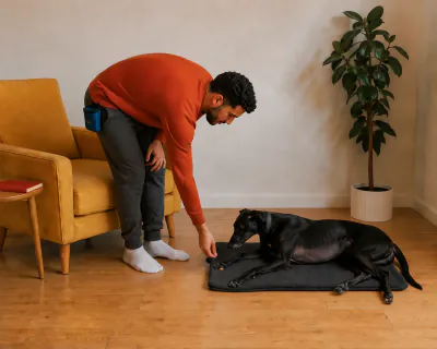 The man standing beside the mat and bending to drop food between the paws of the Greyhound, which lies there with its head raised.