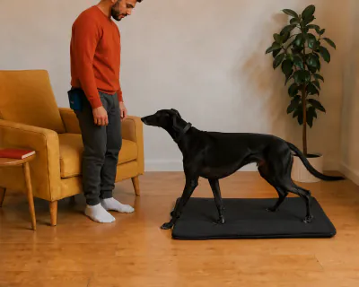 The Greyhound rising from the mat and stepping off towards the man, who stands relaxed beside the armchair with his hands at his sides.