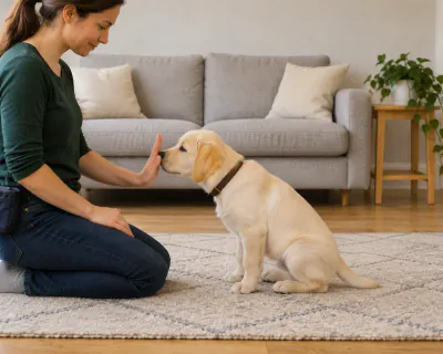 Illustration for teaching a puppy to sit and to touch your hand