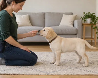 A yellow Labrador puppy standing on a rug and sniffing a piece of food held against its nose by a kneeling handler.