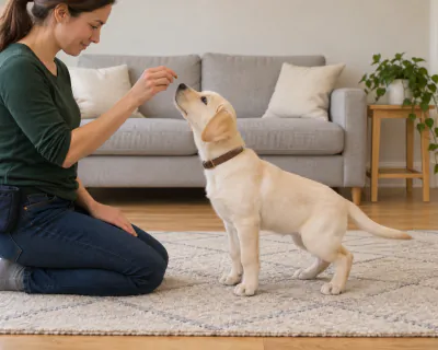 The puppy tipping its nose up to follow the handler's hand while its hind legs bend and its rear lowers towards the rug.