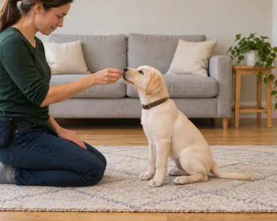 The puppy sitting squarely on the rug and taking the food from the handler's fingers at nose height.