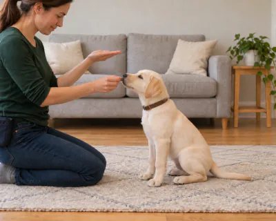 The seated puppy looking at the handler's raised empty right hand while her left hand brings a piece of food to its mouth.