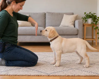 The standing puppy looking at the handler's open left palm held still just in front of its nose, with her right hand tucked behind her back.