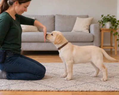 The puppy's nose pressed against the centre of the handler's flat, still palm.
