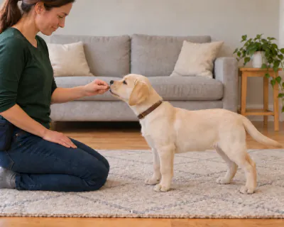 The handler's left hand resting on her thigh while her right hand gives the standing puppy a piece of food.