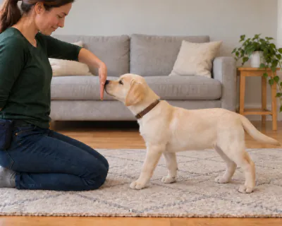 The puppy mid-stride, one front paw forward, pressing its nose against a palm held about a step away from it.
