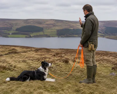 A black and white Border Collie dropping into a down on moorland grass beside a man in an olive waxed jacket who holds one flat palm raised at shoulder height.