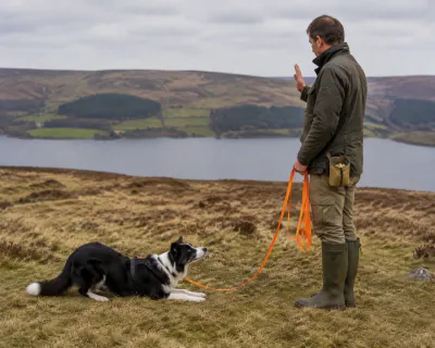 The man standing one metre in front of the Border Collie with his palm raised, as the dog folds its front legs and lowers its chest towards the grass.