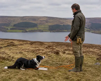 A piece of food in the air between the man's lowered hand and the Border Collie, which lies on the grass three metres away watching it fall towards its front paws.
