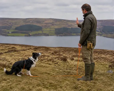 The Border Collie standing on the moorland five metres from the man, the orange long line lying slack between them, its head up and ears turned towards his raised palm.