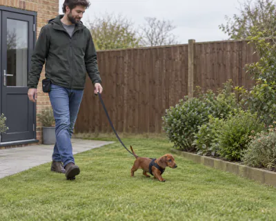 A red Miniature Dachshund puppy in a black harness walking on a slack lead across a garden path towards a patch of lawn, beside a man in a green jacket.