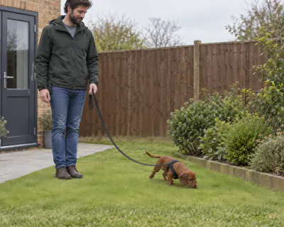 The puppy sniffing the grass at the toilet spot beside the flower bed while the man stands still with the slack lead held at his hip.