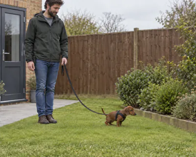 The puppy crouched on the grass at the spot to wee, while the man stands still at a distance with the lead slack.