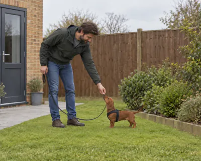 The man bending slightly to give the standing puppy a treat from his left hand on the grass at the toilet spot.