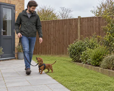 The man and the puppy walking back along the paved garden path towards the grey back door, the lead hanging slack between them.
