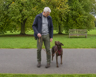 The man halfway through turning to his right, patting his left thigh, while the Pointer turns its head towards him on a slack lead.