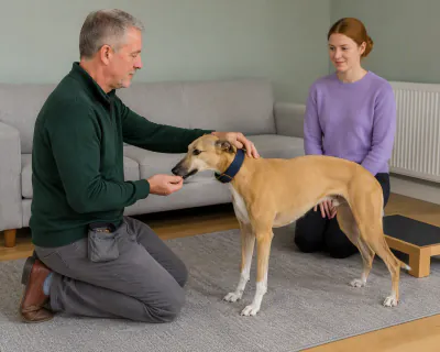 A fawn Whippet standing on a grey rug eating from a kneeling man's hand while his other hand rests cupped over the back of its neck.