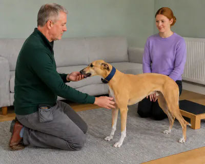 The man's hand lightly circling the Whippet's left foreleg below the elbow while his other hand feeds it chicken.