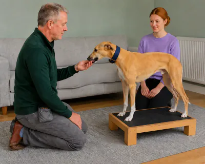 The Whippet standing with all four feet on a low wooden platform while the kneeling man feeds it at head height.
