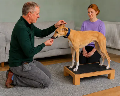 The man lifting the Whippet's left ear flap with his fingertips while it stands on the platform and takes chicken from his other hand.