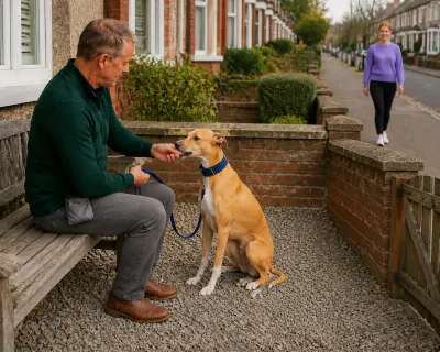 The man seated on a garden bench feeding the Whippet, which sits calmly beside him on a slack lead while the woman walks past on the pavement beyond a low wall.