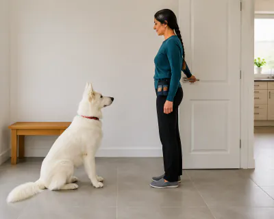 A white Swiss Shepherd sitting on a tiled hall floor a metre from a closed white door while a woman rests her hand on the lever handle.
