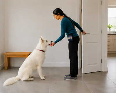 The door open a hand's width onto the kitchen while the woman feeds the seated dog a piece of chicken from her other hand.