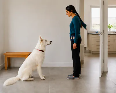 The white dog sitting still a metre from the fully open kitchen doorway, looking at the woman standing beside it.