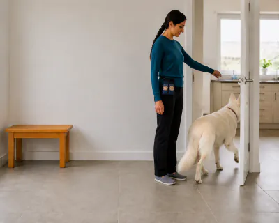 The white dog walking through the open doorway into the kitchen as the woman stands aside with her hands relaxed.