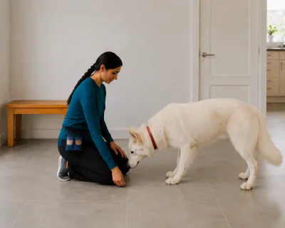 The woman kneeling on the hall tiles with her closed right fist on the floor while the white dog sniffs at her knuckles.