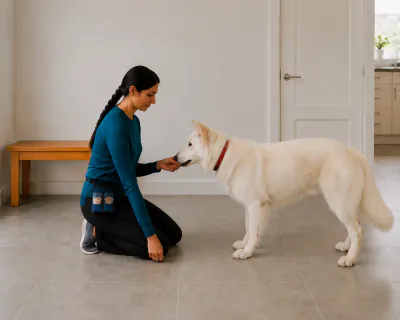 The white dog turning its head away from the woman's closed fist to take a piece of chicken from her other hand.