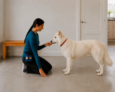 A piece of kibble lying uncovered on the tiles beside the woman's flat right hand while the white dog looks away from it and up at her other hand.
