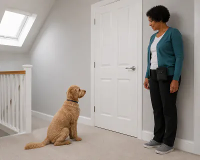 An apricot Labradoodle puppy sitting on a landing carpet facing a closed white door, with a woman standing against the wall beside the handle.