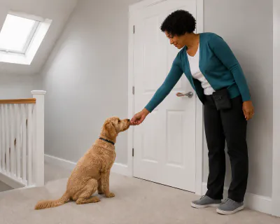 The woman resting her right hand on the door handle and leaning to give the sitting puppy a piece of food with her left hand.