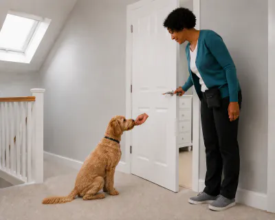The door open a few centimetres while the puppy stays sitting and the woman's left hand brings it a piece of food.