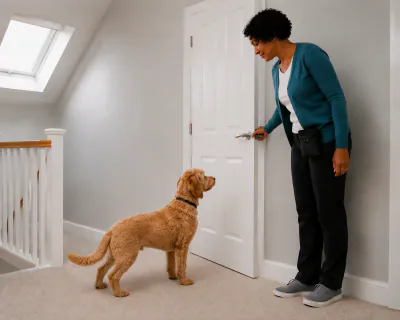 The puppy standing and stepping towards the narrow gap as the woman calmly closes the door with her right hand.