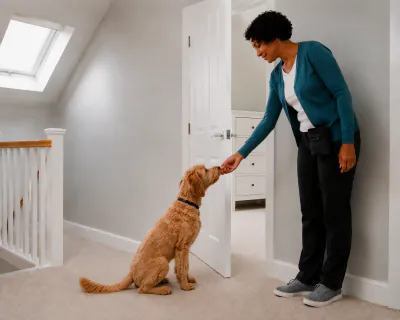 The door half open onto the bedroom while the puppy sits still in front of it and takes food from the woman's hand.
