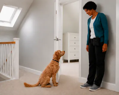 The door wide open onto the bedroom while the puppy sits in front of the empty doorway and looks up at the woman.