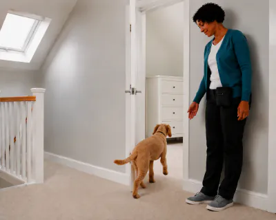 The puppy walking calmly through the open doorway into the bedroom while the woman stands beside the frame with her hand raised in an open release gesture.